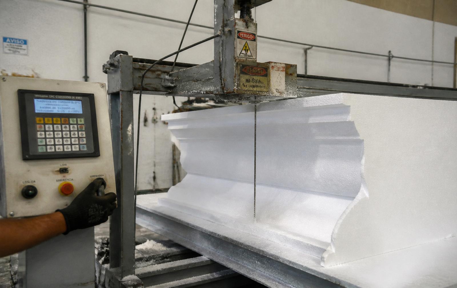 Máquina de corte CNC produzindo peças técnicas em EPS